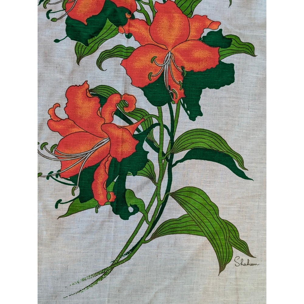 Vintage Alfred Shaheen Hand Printed Orange Floral Print Fabric 2 Panels Hawaii